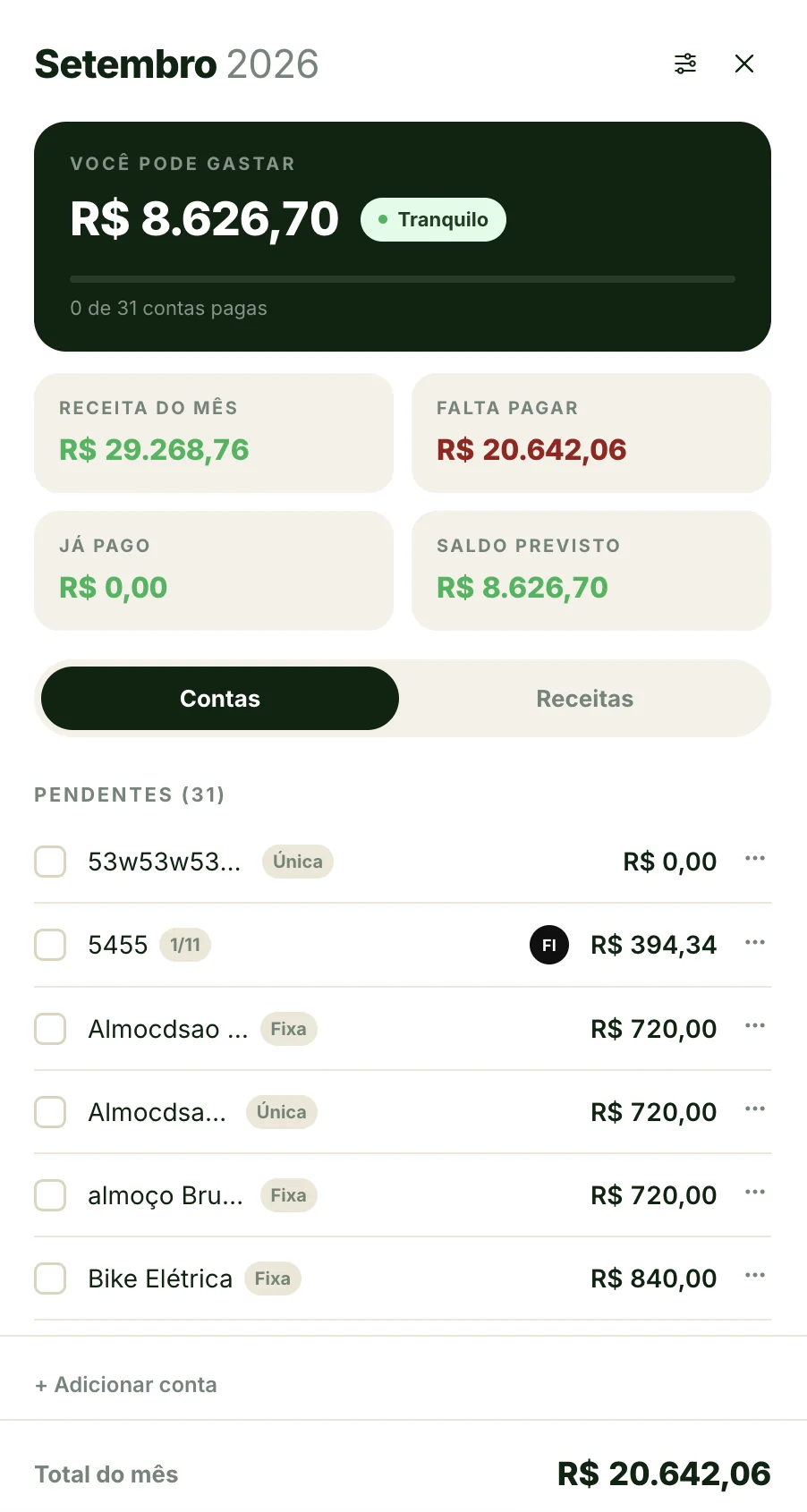 Contas pendentes de setembro organizadas no Zucca